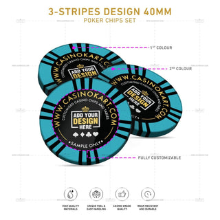 Customisable Poker Chips - 3 Stripes, Clay, 40mm, 14g - Acesfull