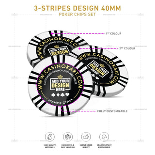 Customisable Poker Chips - 3 Stripes, Clay, 40mm, 14g - Acesfull
